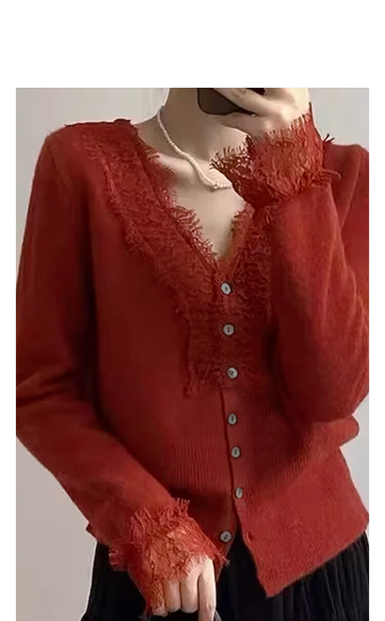 Demana Spring Elegant V-Neck Lace Trim Wool Blend Slim Fit Knit Cardigan for Women 16