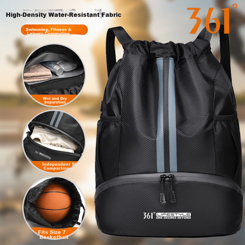 361° Sports Bag for Men Swimming Bag Basketball Bag Football Backpack Training Fitness Drawstring Shoulder Bag Black
