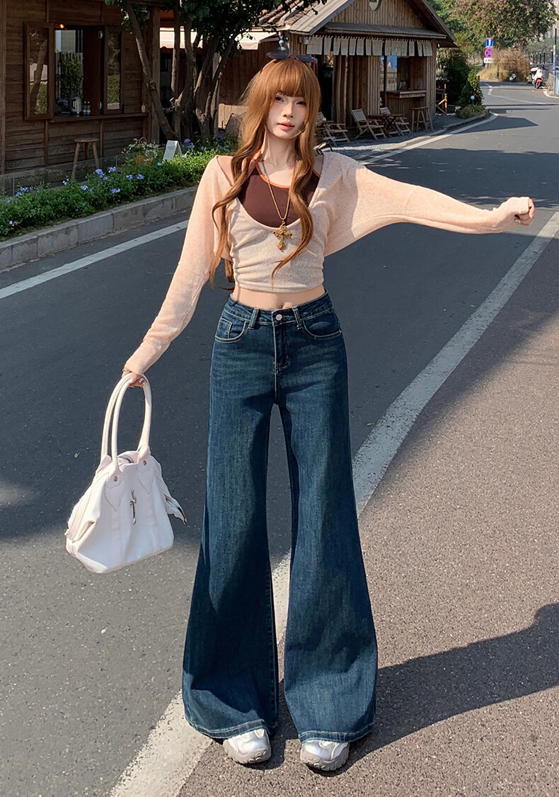 Jeanswest Women's Summer High-Waist Slimming Wide-Leg Casual Flowy Bootcut Jeans Dark Blue 2XL 11