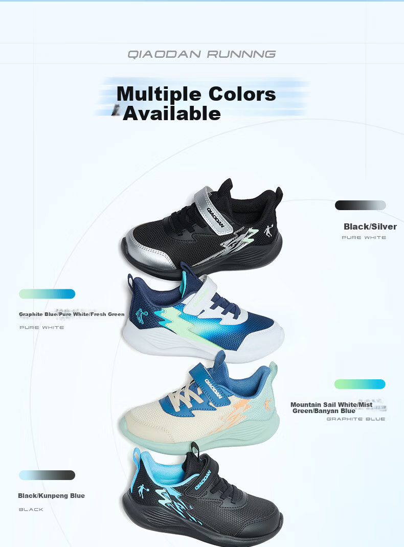 QIAODAN Boys' Kids Running Shoes Children's Spring and Autumn Breathable Mesh Sports Shoes Lightweight Kids Shoes Black/Kunpeng Blue Size 25 9