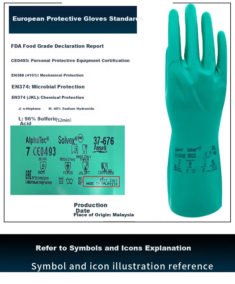 Ansell Acid and Alkali Resistant Solvent Chemical Protective Gloves Oil-Resistant Industrial Labor Safety Nitrile Rubber Gloves 37-676 (3 Pairs) Size 8/M 7