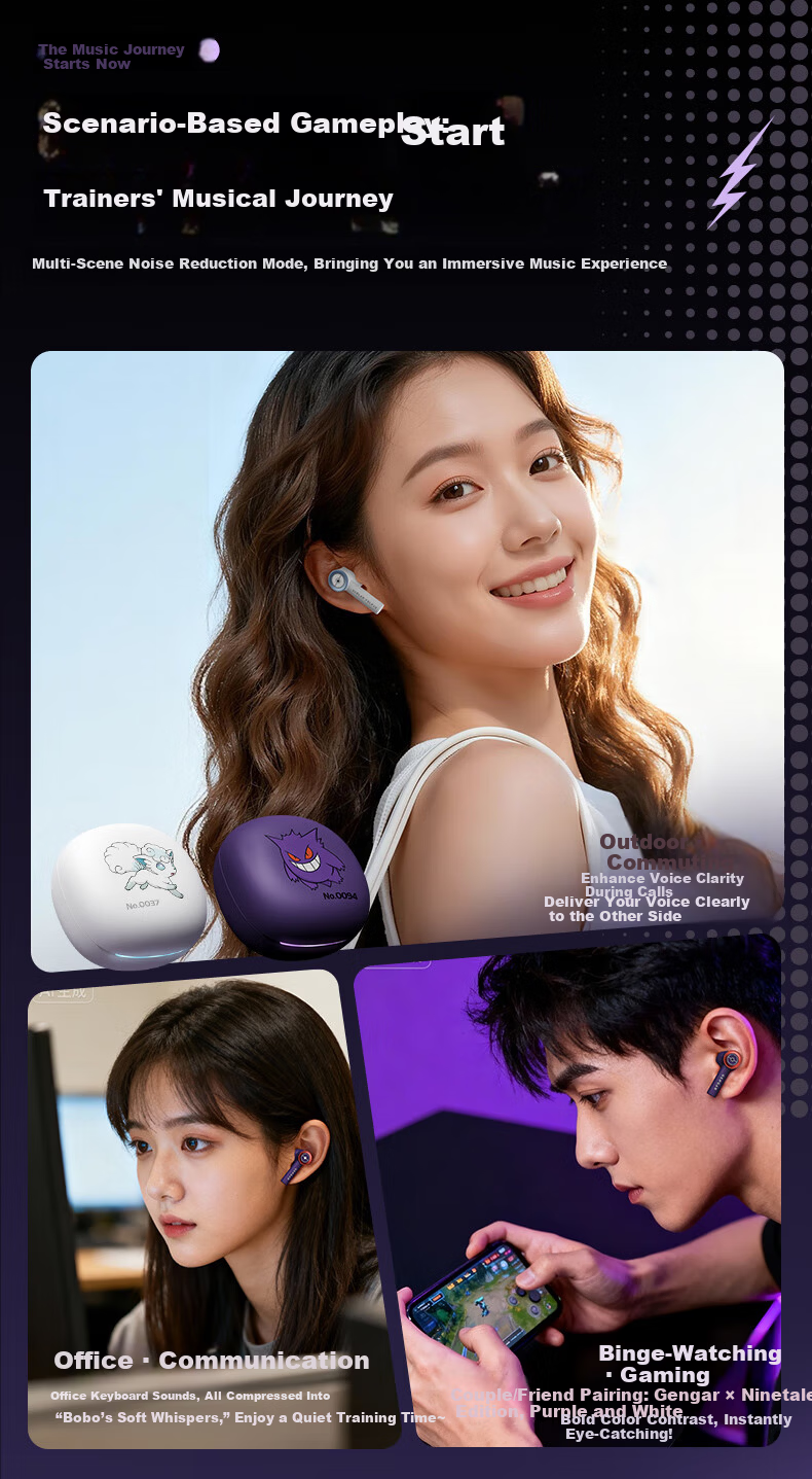 Chenfeng Pokémon Bluetooth In-Ear Wireless Earphones ANC Active Noise Cancelling Deep Bass Stereo Gaming Mode Music Earphones Long Battery Life Birthday Gift PM19 Vulpix 8