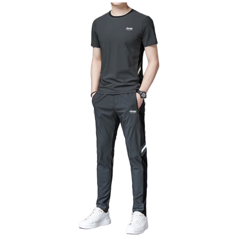 JEEP SPIRIT Men's Summer Sports Set, Quick-Dry Long Pants, Ice Silk Short-Sleeve T-Shirt Two-Piece Set, Black, Size M