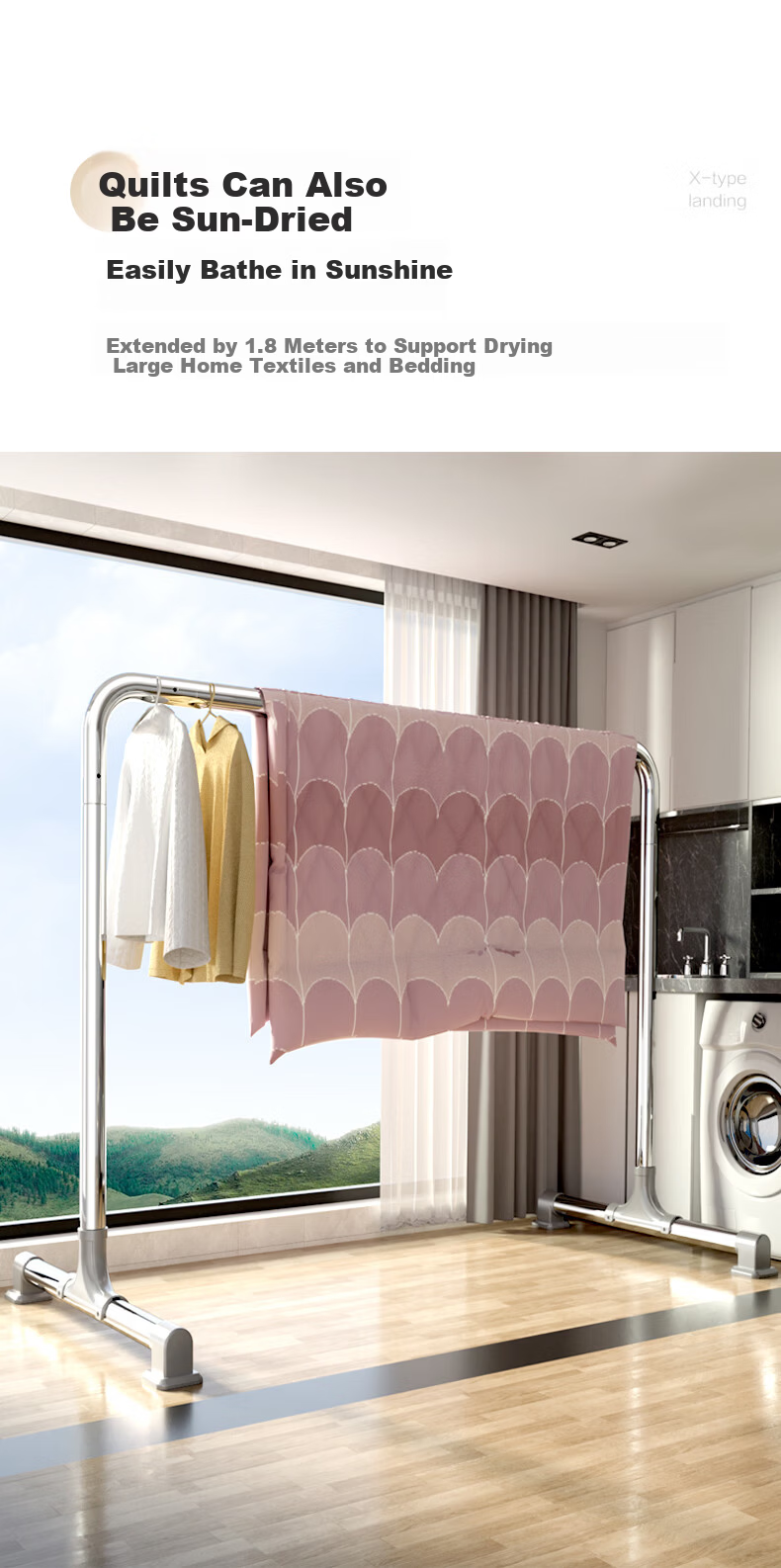 HKG Stainless Steel Clothes Drying Rack Floor-Standing Indoor Outdoor Balcony Bedroom Thickened Laundry Rod 4