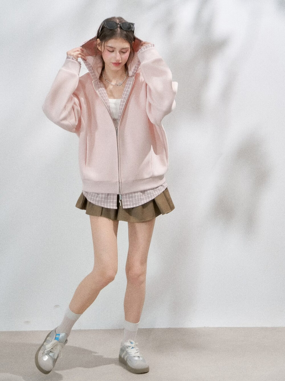 ICH MODE Spotted Light Colorblock Loose Fit Hoodie Women's Sweet College Style Sweatshirt Cardigan White Flower Gray S 10