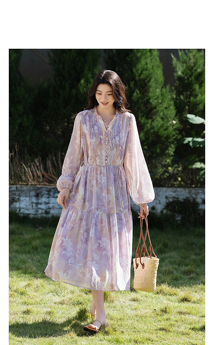 Demana Romantic Chiffon Season Spring French Ruffle Collar Puff Sleeve A-Line Flared Petite Women's Dress 4