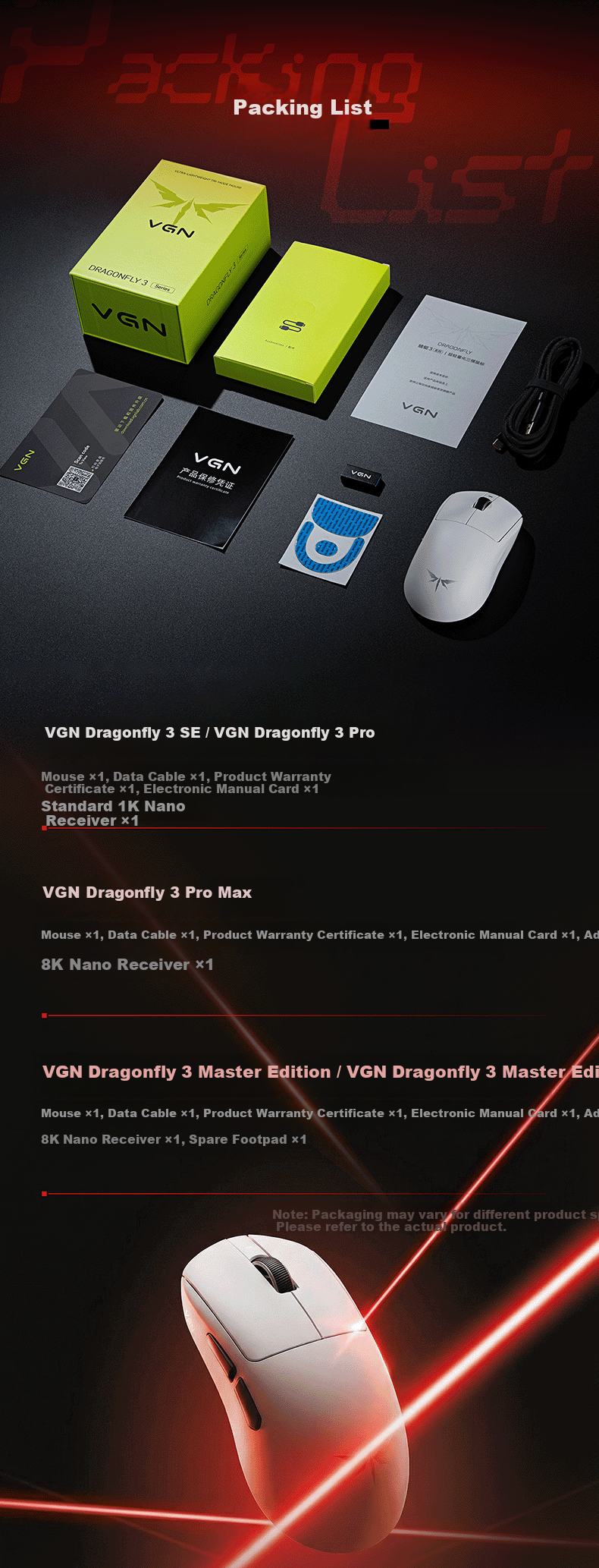 VGN Dragonfly 3 Lightweight Wireless Mouse Gaming Office Long Battery Life Versatile Medium-Large Hand Size Original PAW3311 Tri-Mode Connection Dragonfly 3 SE Rose Red 20