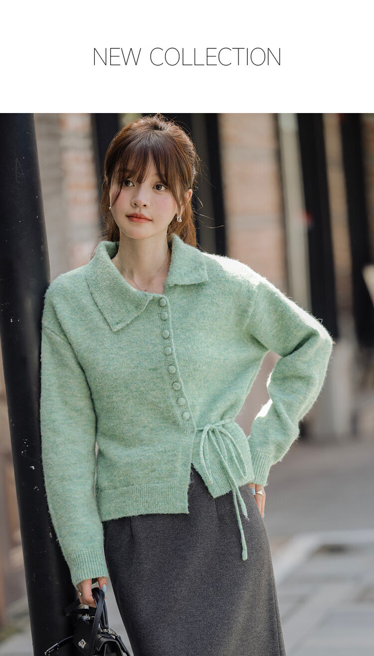 MT [Senya Between] Spring Fresh Side Lace-Up Asymmetric Lapel Cardigan Wool Blend Knit Sweater for Women 1
