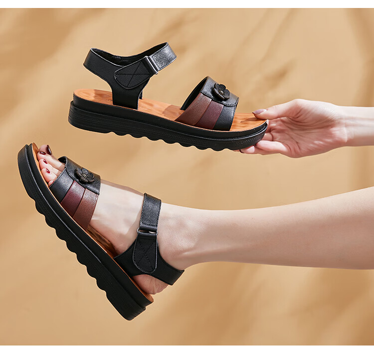LAORENTOU Women's Genuine Leather Flat Sandals, Beach Non-Slip Soft Sole Middle-Aged and Elderly Sandals LK13182 - Black Size 35 8
