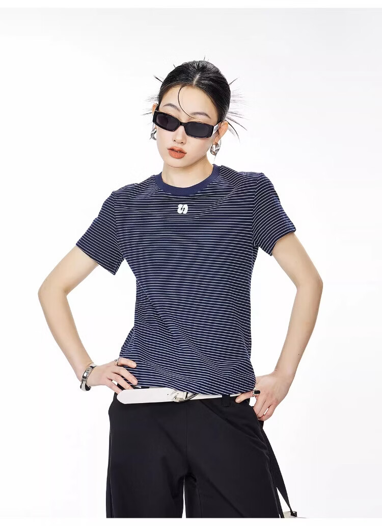 ICH MODE American Style Striped Slim Fit Short Sleeve T-Shirt for Women 2026 Summer New Hot Slim Shoulder Short Top White S 18