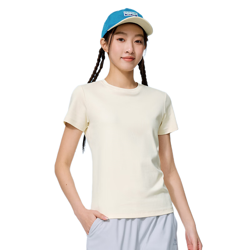 CAMEL Women's Ice Cool Short Sleeve T-Shirt 10A Antibacterial Breathable Crew Neck Top C26BZ0L7086 Light Moon Yellow L