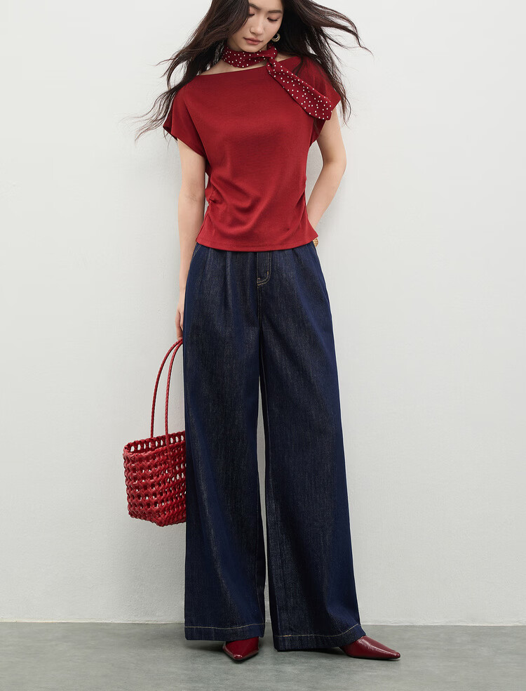 Shangdu Bila Back Waist Hollow Out Pleated Cotton Blend T-Shirt Women Spring Summer Petite Raglan Short Sleeve Slim Fit Top 2