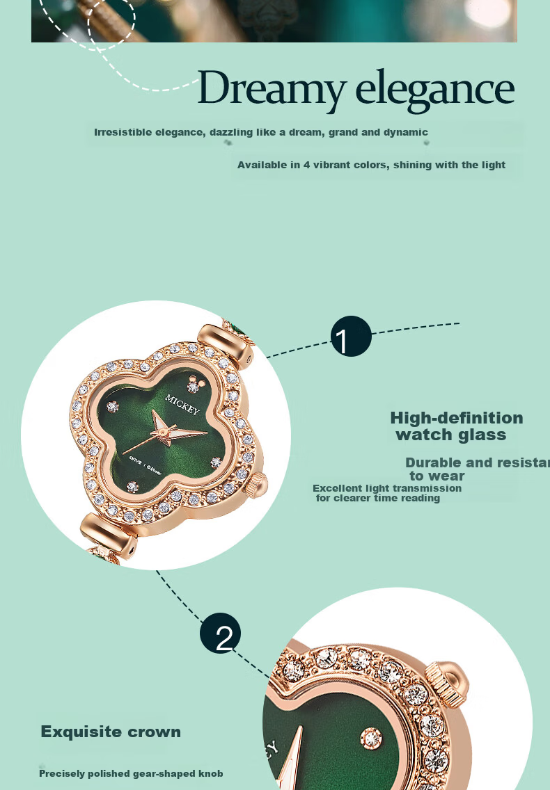 Disney Mickey Collaboration Luxury Four-Leaf Clover Bracelet Watch Waterproof Quartz 38mm Women's Day Birthday Gift for Girlfriend 14