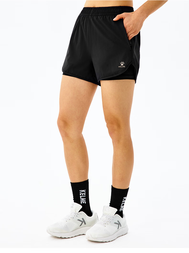KELME Women's Quick-Dry Running Training Anti-Exposure Fake Two-Piece Sports Shorts Agate Black L 12