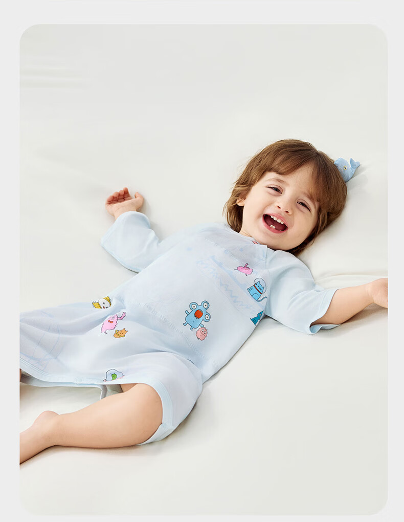 Babycare Baby Spring and Summer Sleep Dress with Soft Belly Protection, Leg-Separated Sleeping Bag, 3/4 Sleeve, Mint Seed Pattern, Size 110 (105-115cm) 41