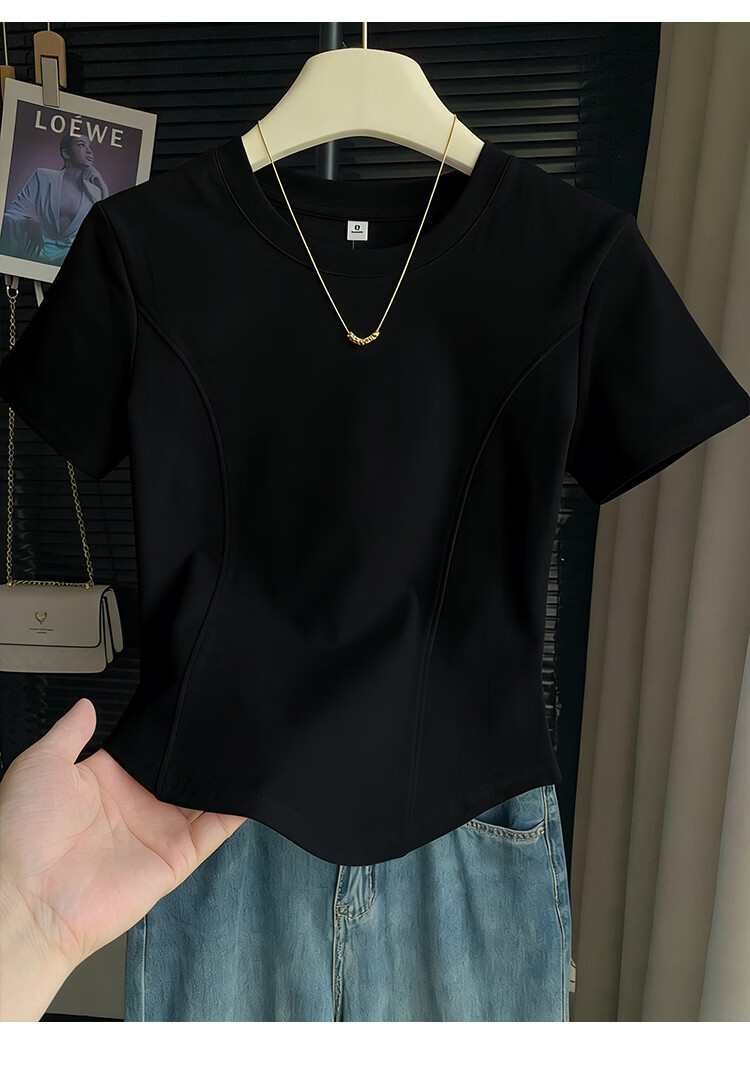Woodpecker Women's Summer New Crew Neck Short Sleeve T-Shirt Black 2XL Slim Fit with Straight Shoulder and Fishbone Curved Hem Design 9
