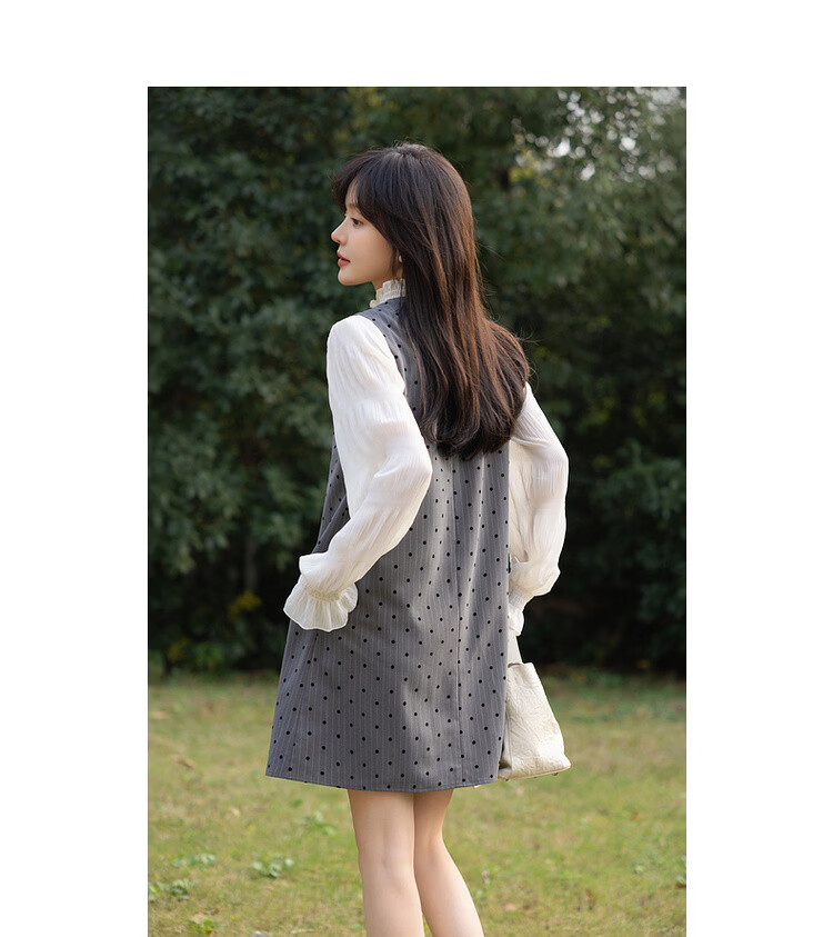 Mt Vintage Polka Dot Spring French Style Sleeveless Flocked Print Pearl Button Mid-Length Dress for Women 7