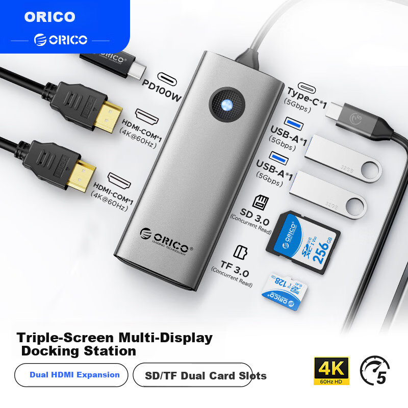 ORICO Docking Station Type-C to Dual HDMI Triple Display Adapter 4K USB Hub Compatible with Mac Huawei Laptop PW11-8PH