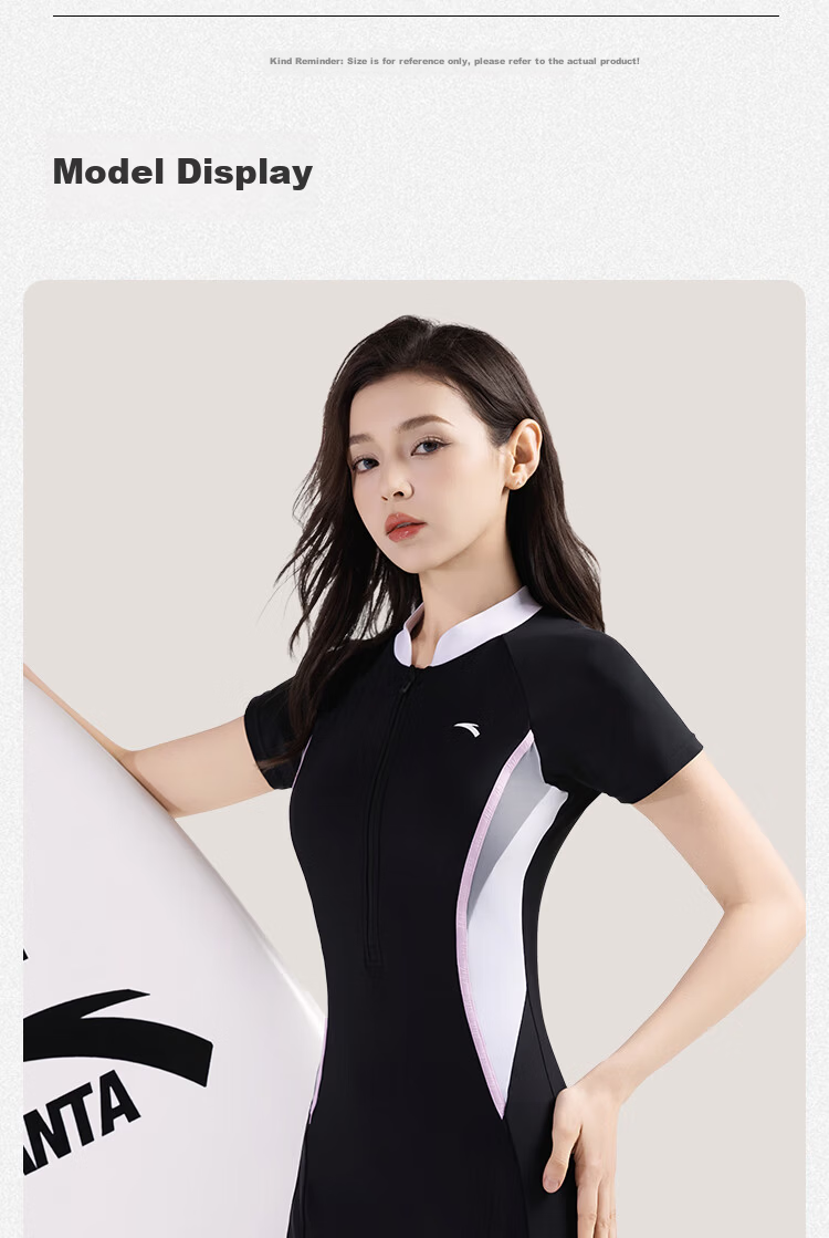 Anta Women's New Short Sleeve One-Piece Swimsuit Slim Fit Conservative Professional Racing Swimwear Purple Gray M 14