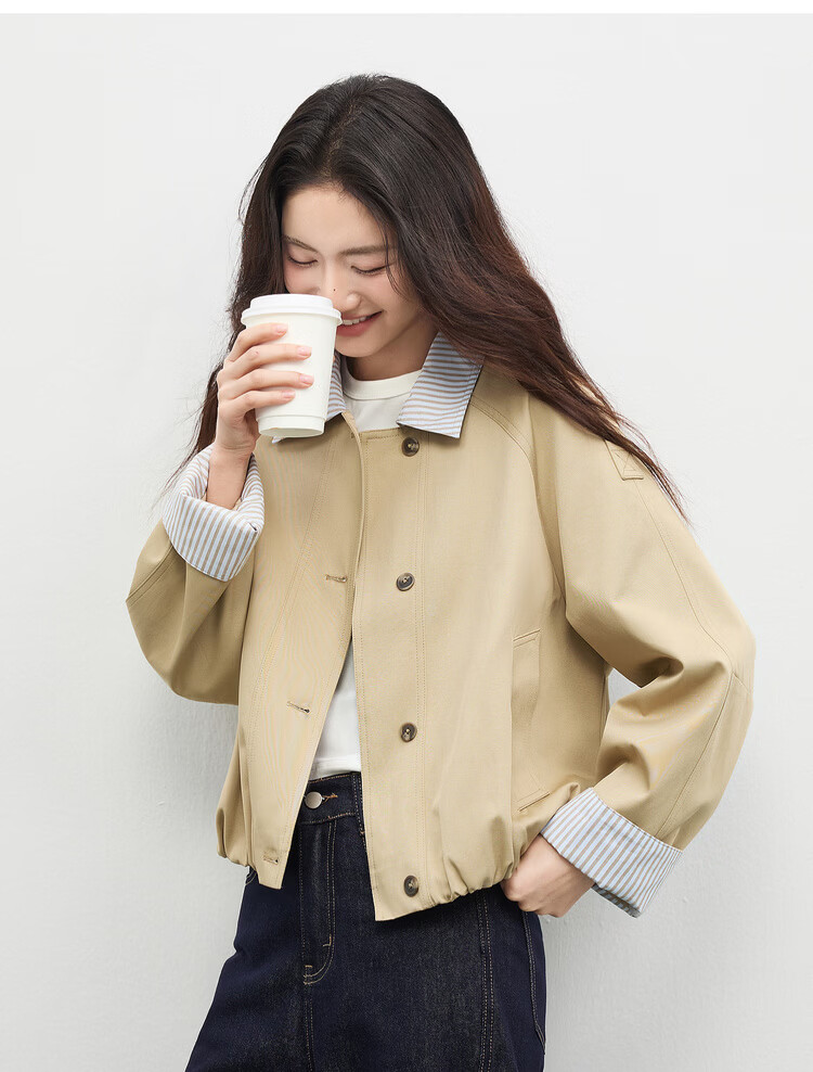 Shangdubila Cotton Blend Warm Barn Style Short Jacket Women Spring Lapel Slim Cardigan Top Balloon Sleeve Women's Clothing 17