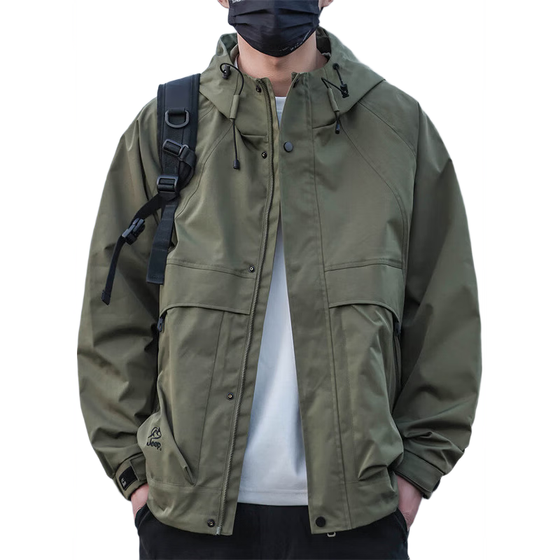 JEEP Men's Jacket, Spring And Autumn Outerwear, Trendy Hooded Windbreaker, Casual Loose Workwear Clothing, Army Green, XL