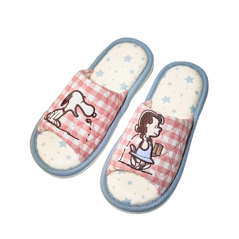 Gukoo Snoopy Plaid Floor Slippers Women's Four-Season Flat Home Slippers Light Burgundy Size 40-41