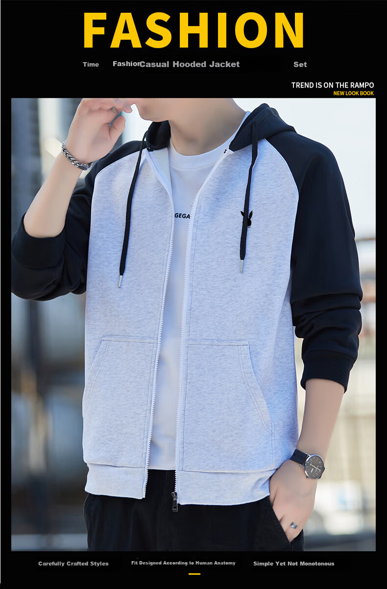 PLAYBOY Men's Spring Autumn Sports Windproof Casual Breathable Hooded Warm Jacket Khaki L 1