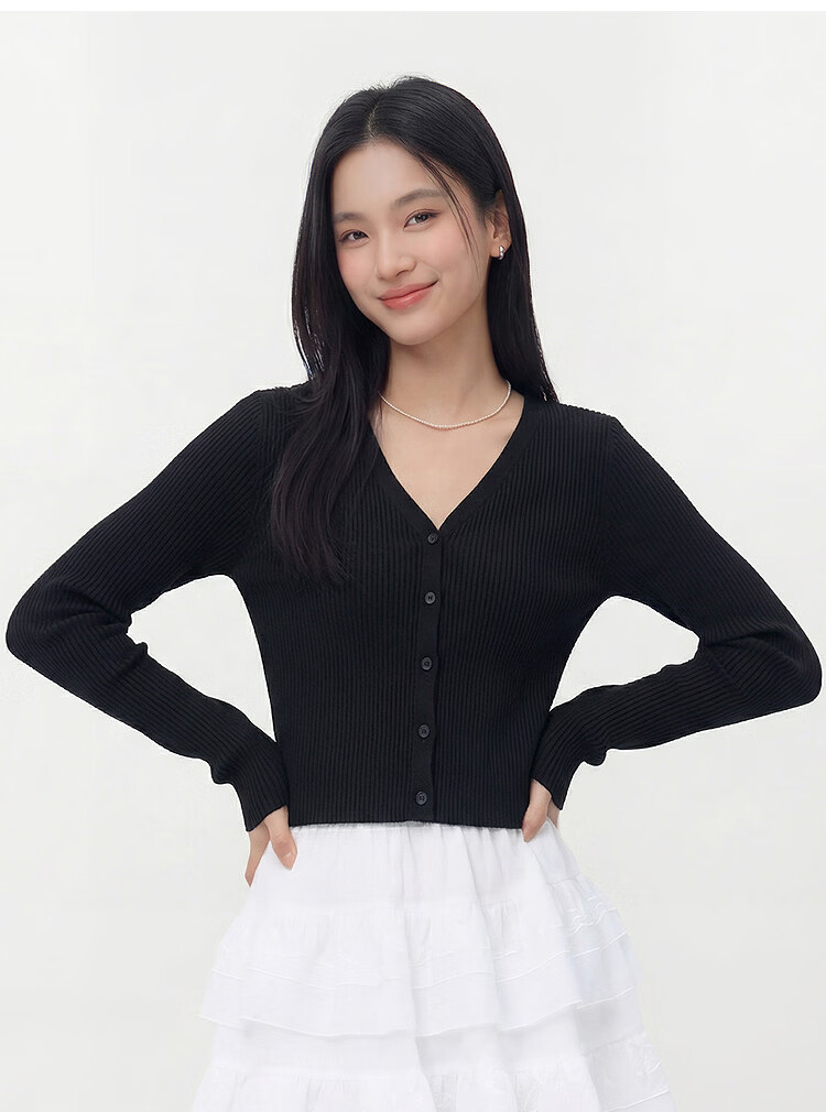 Semir Women's Summer Short Slim Fit Solid Color Lace V-Neck Knit Cardigan 101325106002 19