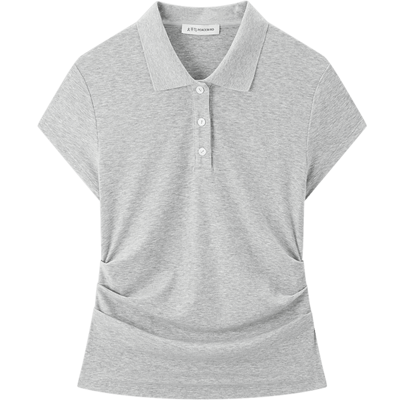 Peacebird Women's T-Shirt High-Intelligence Commuting Polo Collar Short Sleeve Spring Waist Pleated Design Gray S