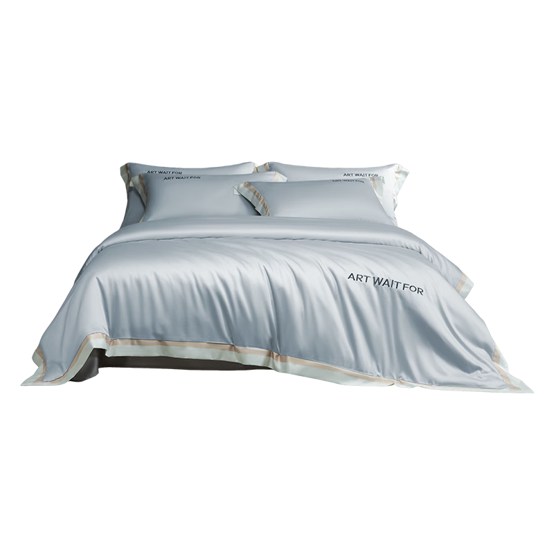 HLA Class A Washed Ice Silk Embroidered Luxury Imitation Silk Summer Bedding Set 4-Piece Bay Blue Standard