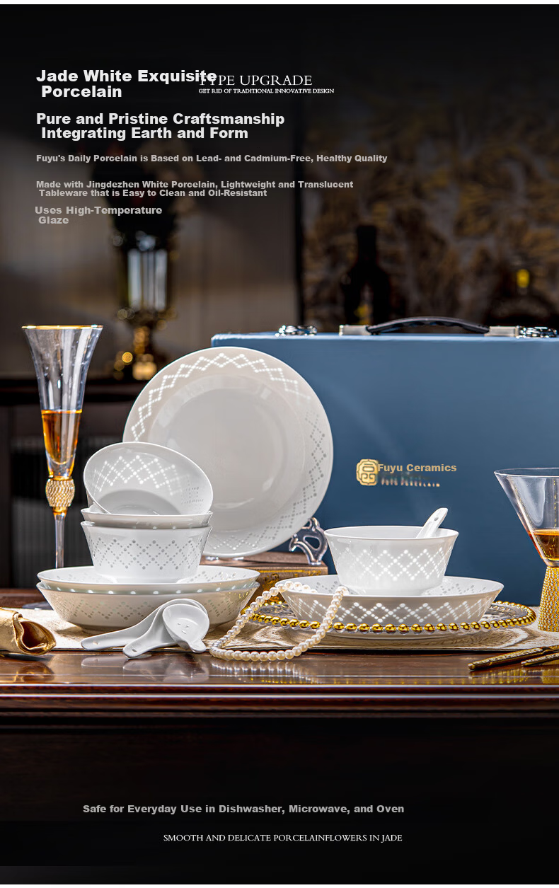 Fuyu Ceramics Jingdezhen Dinnerware Set Underglaze Color Exquisite Porcelain Bowls Premium Home Pure White Bowl and Plate Set Starshine 16-Piece 6
