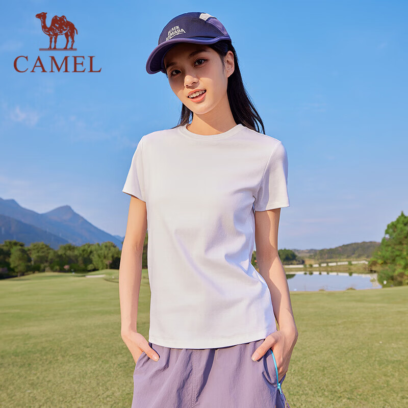 CAMEL Women's Ice Cooling Short Sleeve T-Shirt 10A Antibacterial Breathable Crew Neck Top C26BZ0L7086 Boundless White S