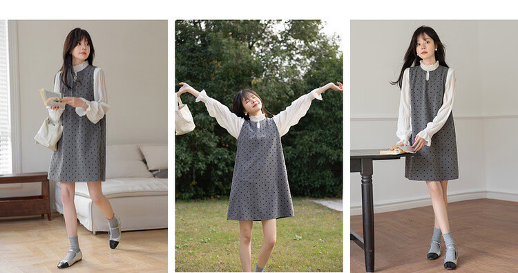 Mt Vintage Polka Dot Spring French Style Sleeveless Flocked Print Pearl Button Mid-Length Dress for Women 4