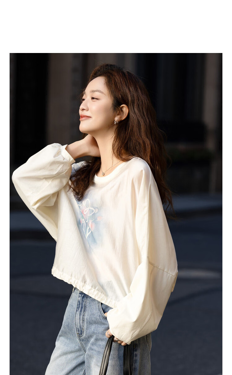 Demana [Lyocell Cotton Blend] Spring Elegant Crew Neck Printed Patchwork Loose Fit Petite Women's Sweatshirt 11