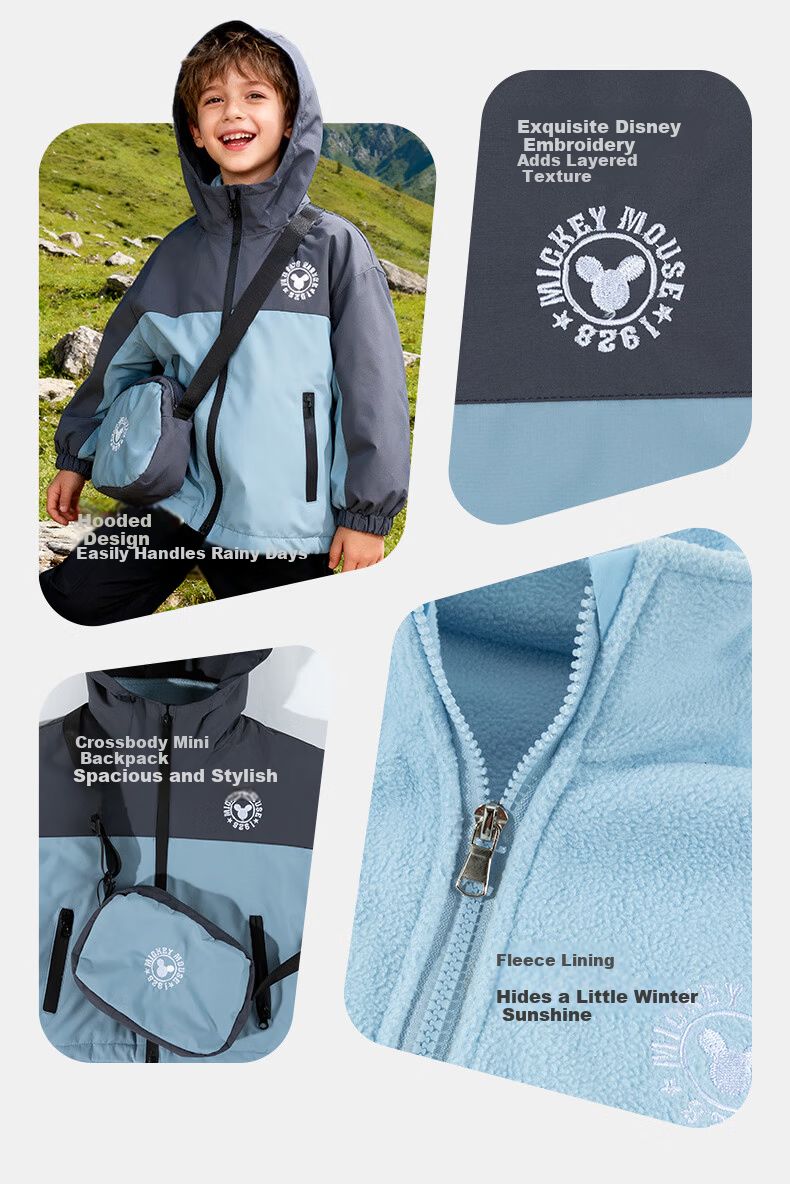 Disney Kids Autumn Winter New Three-in-One Waterproof Windproof Warm Jacket Two-Piece Set Blue Gray 130 7