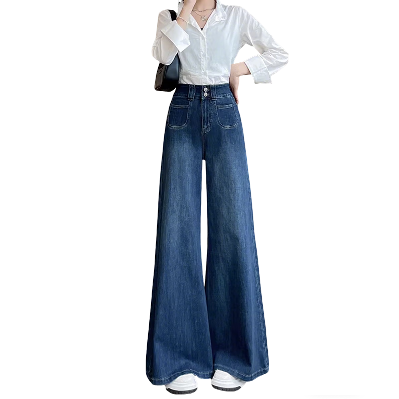Langsha Women's Jeans 2026 New Retro High-Waist Wide-Leg Pants Slimming Double-Button Straight Micro-Flare Trousers for Petite
