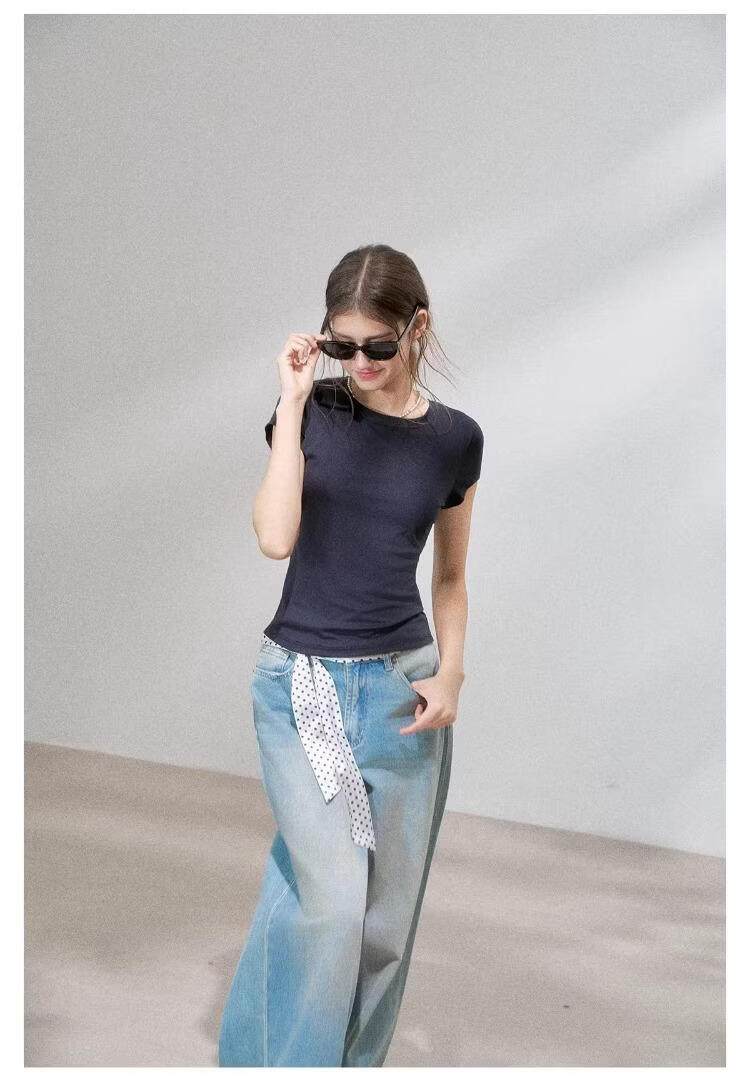 ICH MODE Lyocell Slim Fit Short Sleeve T-Shirt Women Skin-Friendly Cooling Flutter Sleeve Slimming Top Blue L 4