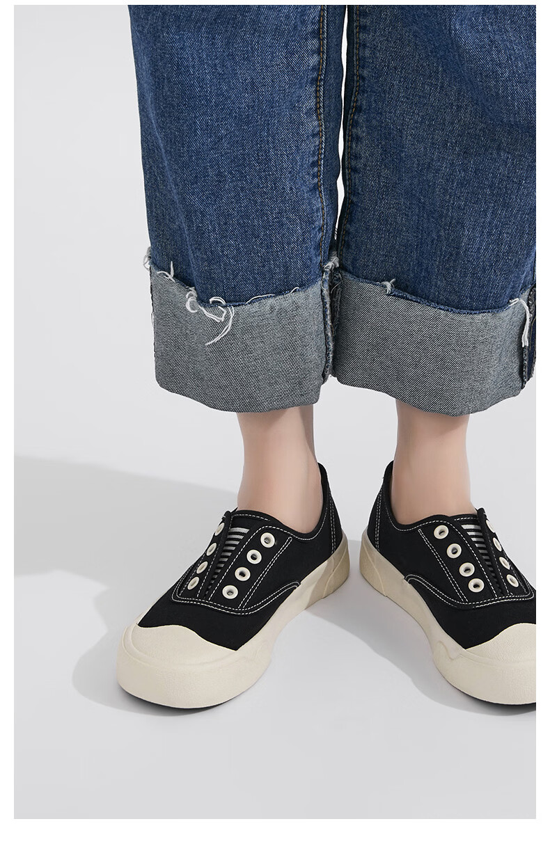 Renben Official Women's Casual Canvas Shoes 2026 Spring Autumn New Breathable Elastic Band Black Size 40 3