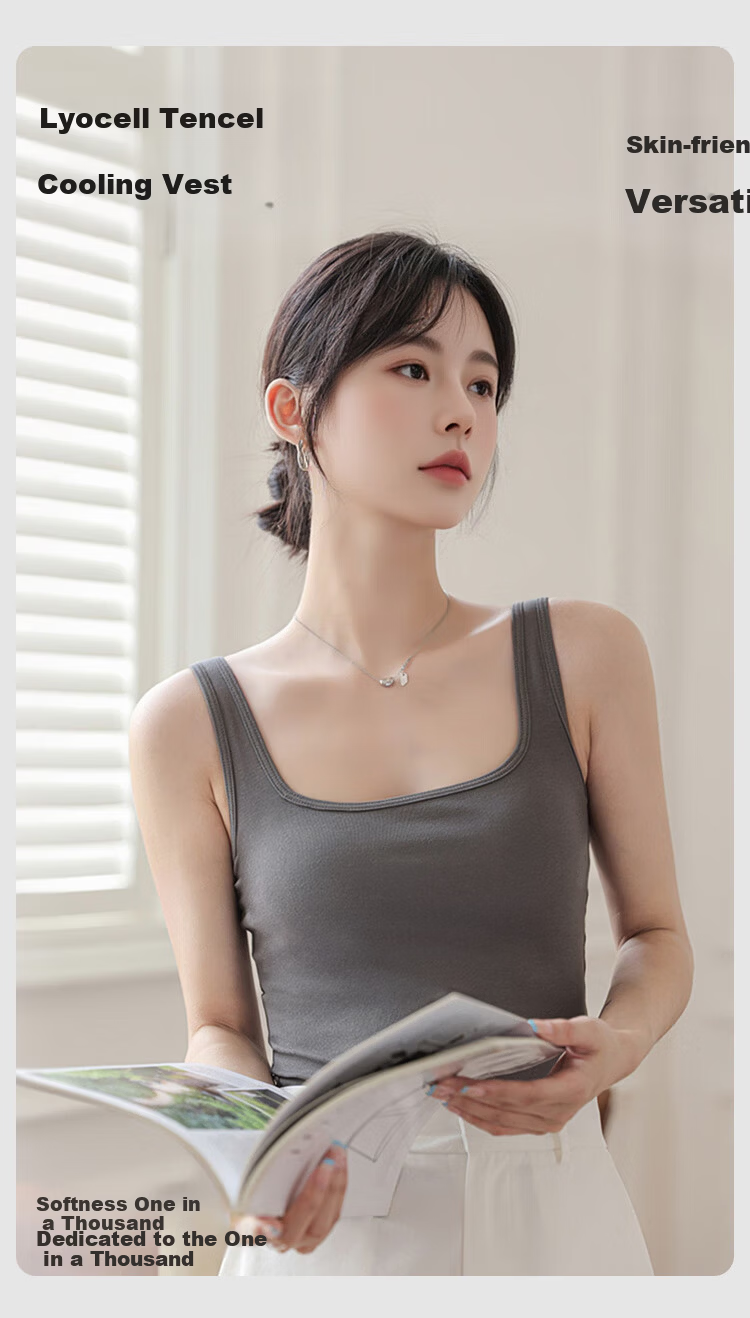 Ordifen [Lyocell Tencel] Women's Thin Camisole Vest Basic Swan Neck Outerwear Gray L 2