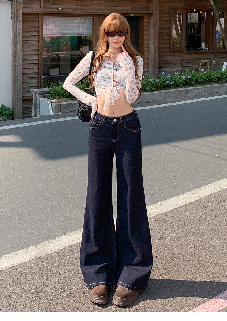 Jeanswest Women's Summer High-Waist Slimming Wide-Leg Casual Flowy Bootcut Jeans Dark Blue 2XL 22