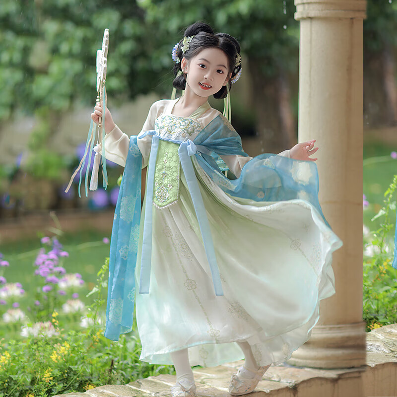 Qibo Hanfu Girls' Spring And Autumn 2026 New Style Children's Ancient-Style Ethereal Dress, Mountain Green without Shawl, Size 110