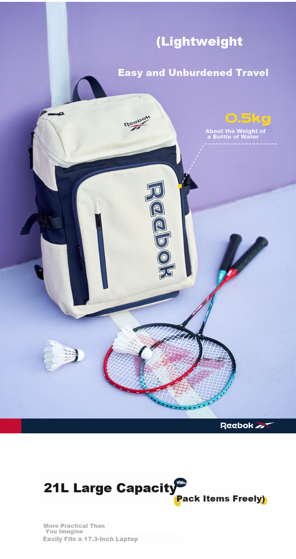 Reebok Badminton Backpack Men's Outdoor Double Shoulder Professional Tennis Training Bag Women's Racket Sports Bag Blue and White 4