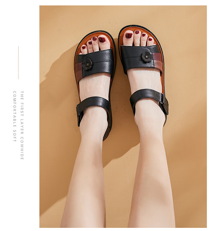 LAORENTOU Women's Genuine Leather Flat Sandals, Beach Non-Slip Soft Sole Middle-Aged and Elderly Sandals LK13182 - Black Size 35 9