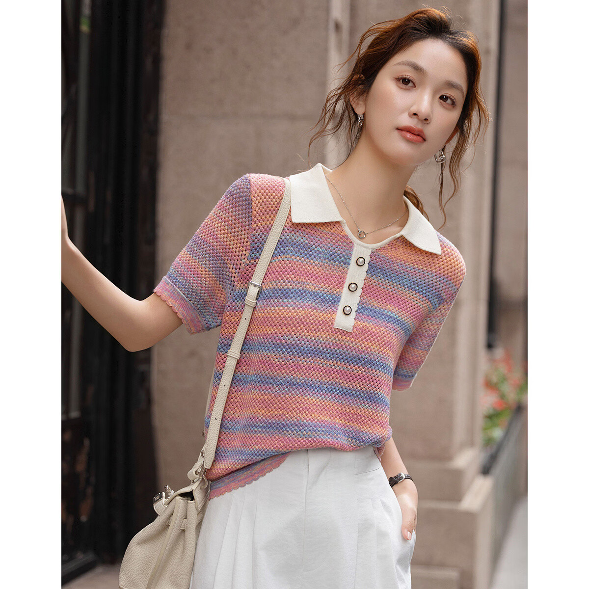 Demana [Dopamine Gradient] Spring Sweet Style Jacquard Colorblock Short Knit Sweater for Petite Women