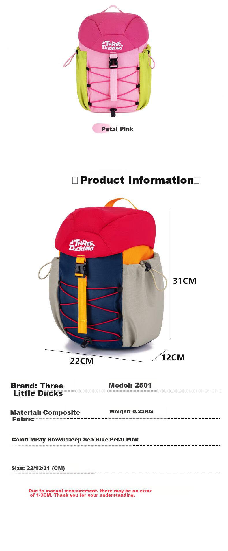 Three Duckling Kids Kindergarten Backpack Lightweight Outdoor Travel School Bag for Boys and Girls Brown 14