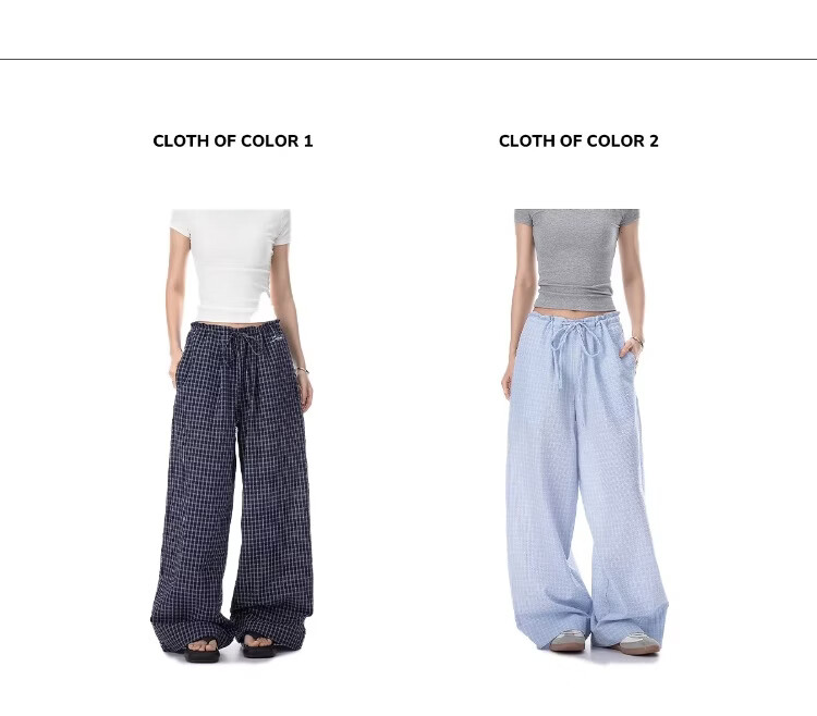 ICH MODE Women's American Style Plaid Summer Loose Wide-Leg Straight-Leg Sports Casual Pants Black XL 1