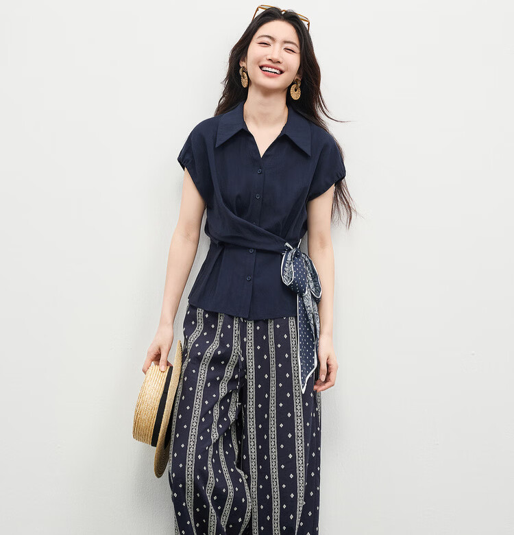 Shangdu Bila Linen Tencel Commuter Shirt Women Spring Summer Printed Tie Pleated Waist Slimming Blouse Turn-down Collar Top 22