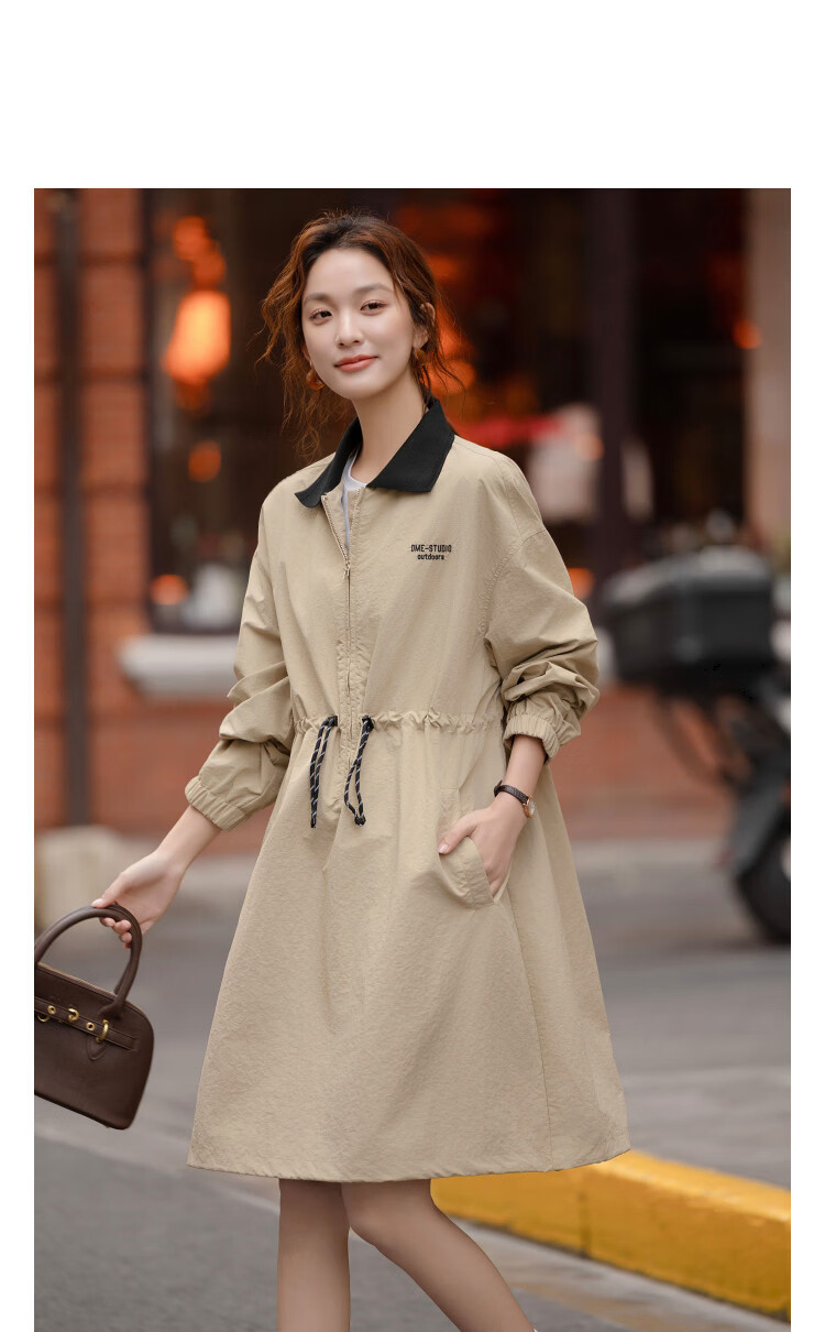 Demana [Urban Light Travel] Spring Outdoor Colorblock Small Turn-down Collar Three-quarter Sleeve Drawstring Petite Women's Dress 11