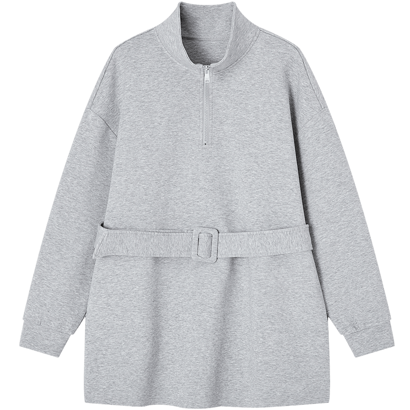 Demana [Comfort Elastic 280G Air Layer] Spring and Autumn Simple Stand Collar Loose Belted Petite Elegant Sweatshirt Top