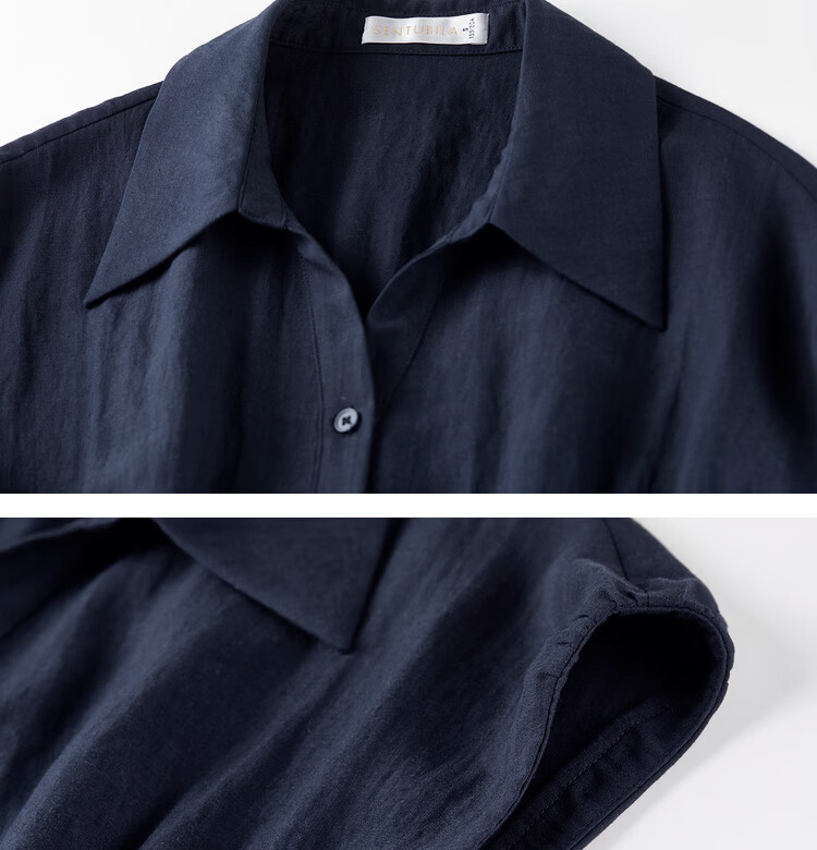 Shangdu Bila Linen Tencel Commuter Shirt Women Spring Summer Printed Tie Pleated Waist Slimming Blouse Turn-down Collar Top 26